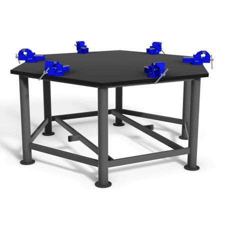 Craftwork Bench - Hexagonal (1600mm) - Phenolic Top - 6 x Metalwork Vices