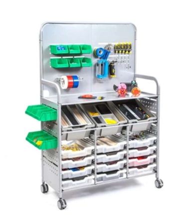 MakerSpace Trolley in Silver with 3 Deep Yellow Trays and 12 Shallow Blue Trays - Flat packed